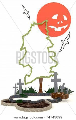 3D Halloween Background Decoration In Haunting Graveyard With Jack-o-lanterm Moon