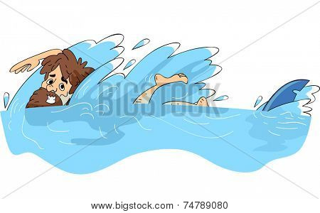 Illustration Featuring a Male Castaway Being Chased by a Shark