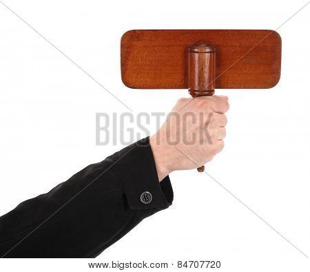 Hand is holding wooden sign board bid paddle