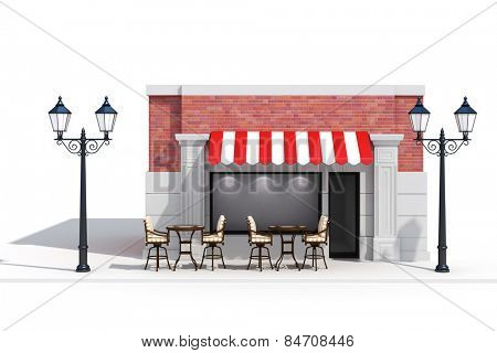 3d store shop front with big windows on white
