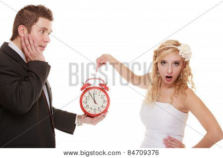 Wedding. Time To Get Married. Bride Groom With Clock.