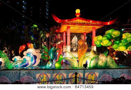 KUALA LUMPUR, MALAYSIA - FEBRUARY 23, 2015: Lighted lanterns and sculptures of characters from Chinese folklores decorate the grounds of Thean Hou Temple in celebration of the Chinese New Year.
