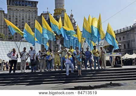 Group of activists with yellow-blue flags