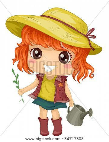 Illustration of a Little Girl Tending to Her Garden