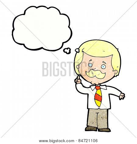 cartoon newsreader man with idea with thought bubble