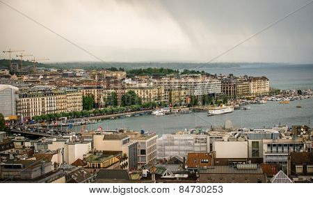 Geneve, Switzerland - 11 May 2014:  view of the modern embankment and the center of Geneva, Switzerland