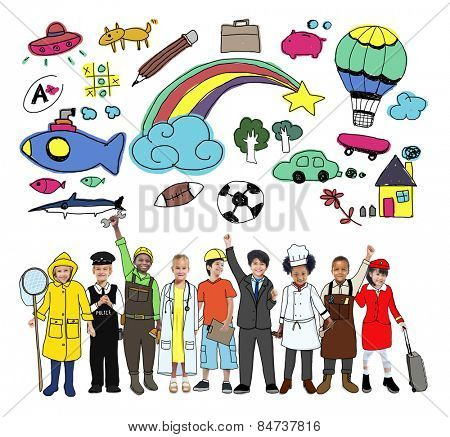 Cheerful Kids and Various Occupations Concept