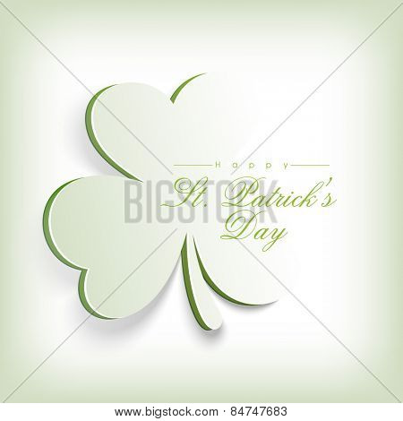 Creative 3D shamrock leaf on shiny green and white background for Happy St. Patrick's Day celebration.