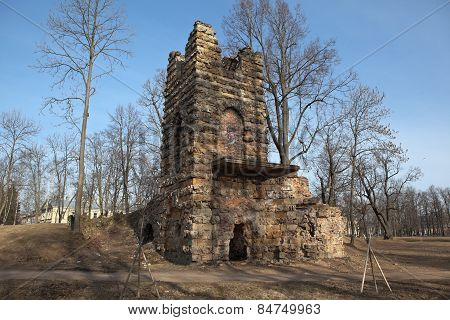 Tower Ruin Orlovsky park. Strelna. St. Petersburg. Russia.