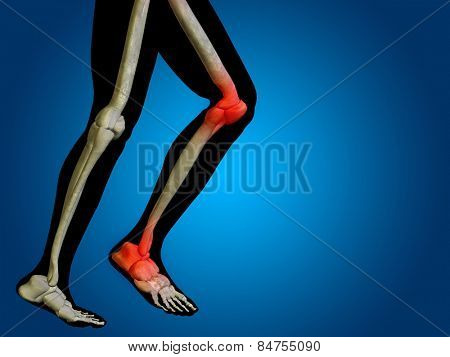 Conceptual 3D human man anatomy or health design, joint or articular pain, ache or injury on blue background, for medical, fitness, medicine, bone, care, hurt, osteoporosis, painful, arthritis or body