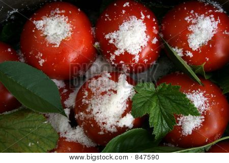 tomates con hojas de grosella y sal de arriba