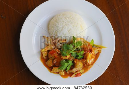 Rice and seafood Tomyum stir-fried