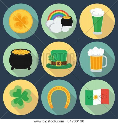 Set Of Icons On St. Patrick's Day. Flat Style. Shadow. Vector