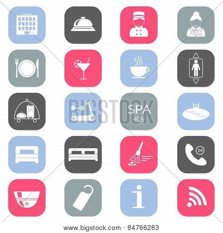 Set Of Colored Hotel Icons. Flat Design. Silhouette. Vector