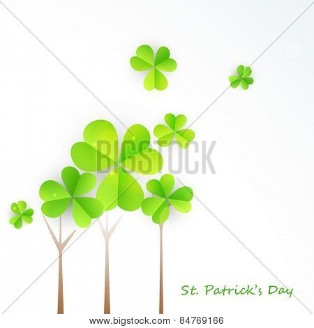 Beautiful greeting card design decorated with Irish lucky shamrock leaves for Happy St. Patrick's Day celebration.