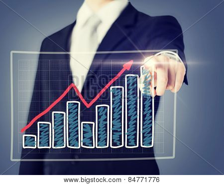 business and technology concept - businessman hand with chart on virtual screen