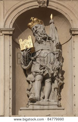 VIENNA, AUSTRIA - OCTOBER 10: Statue of Saint on baroque Jesuits church. The church was built between 1623 and 1627. in Vienna, Austria on October 10, 2014.