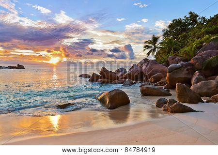 Seychelles tropical beach at sunset - nature background