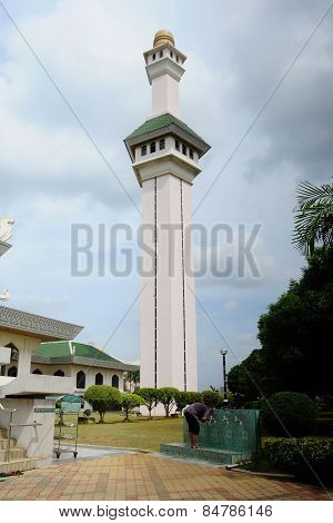 Minaret of Al Azim Mosque in Malacca, Malaysia