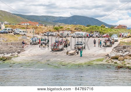 Crayfish Boats And Unidentified People At Kleinmond Harbor