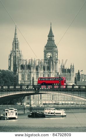 Big Ben, House of Parliament and Lambeth Bridge with red bus in London.