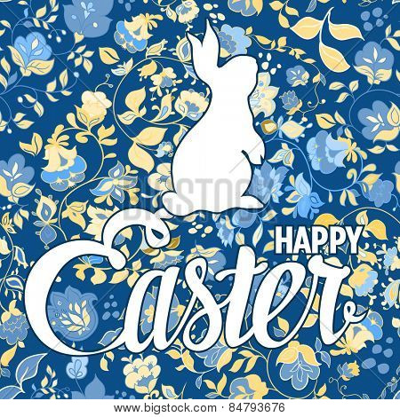 Happy Easter ornate lettering greeting card with floral background