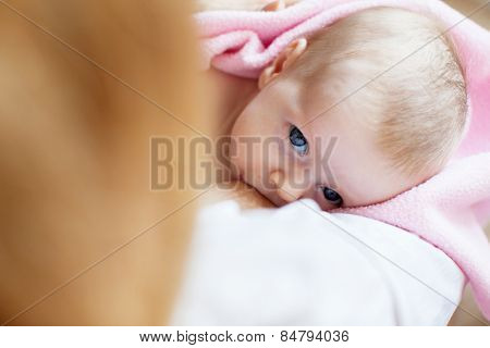 Brestfeeding. Mother with newborn at home.