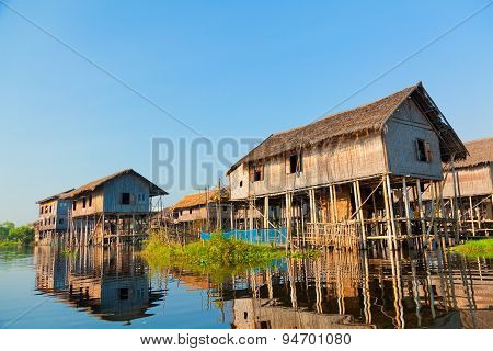 Floating Village Houses In Inle Lake, Myanmar
