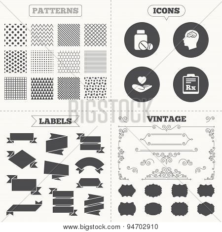 Medicine icons. Tablets bottle, brain, Rx.