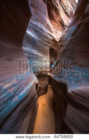 Girl Hiker Backpacker In Spooky Gulch Escalante Utah