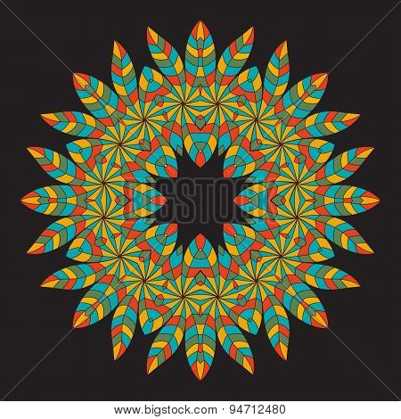 Colorful Ethnicity Round Ornament On The Black Background . Circular Ornament In Ethnic American Ind