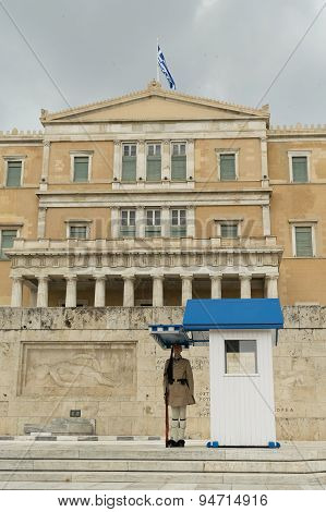 Athens, Greece, 30 May 2015. Evzone standing in position guarding the parliament of Greece.