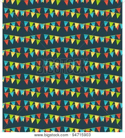 Seamless Bright Fun Celebration Festive Buntings Pattern Isolated On Blue