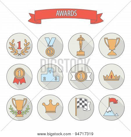 Set Of White Vector Award Success And Victory Flat Icons On Colorful Round Web Buttons With Trophies