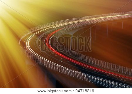 Heavy traffic on the modern bridge. Light trails. Transportation. Blurs