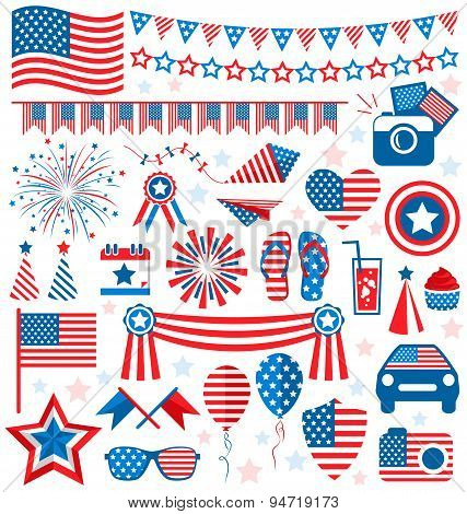 Usa Celebration Flat National Symbols Set For Independence Day Isolated On White