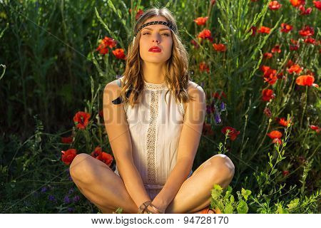 Fashionable Girl In The Summer Field