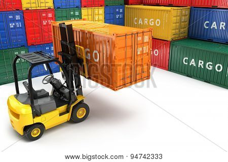 Forklift handling the cargo shipping container box. 3d