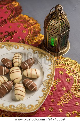 Fine arabic date chocolates and ramadan lamp.