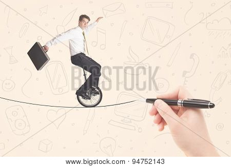 Businessman riding monocycle on a rope drawn by hand concept
