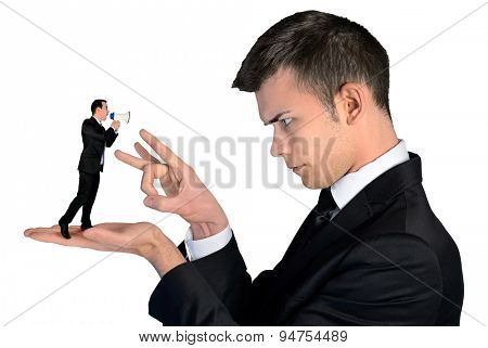 Isolated business man finger flipping on little man