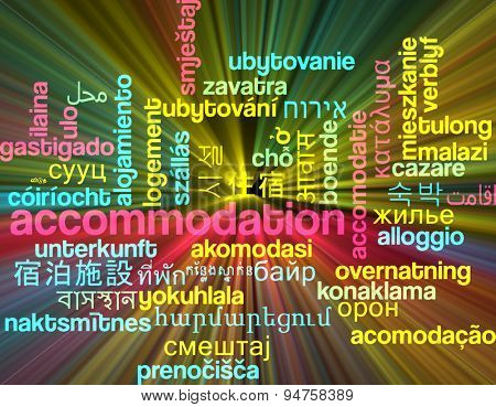 Background concept wordcloud multilanguage international many language illustration of accommodation glowing light