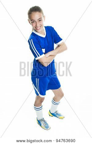 girl in sport wear with football isolated on white background