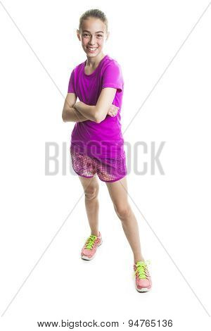 running young girl in sport cothes, white background