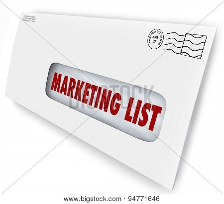 Marketing List words in an envelope to illustrate a customer or consumer database for mailings, messages and communication promoting your company or business