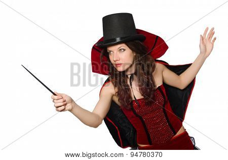 Woman magician isolated on white