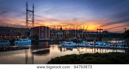 Marina And Train Bridge At Sunset