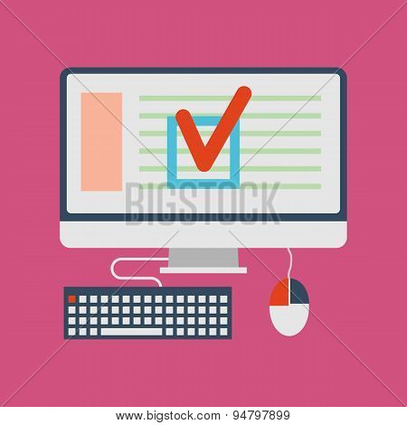 Concept image with monoblock pc, keyboard, mouse. Red chech sign at monitor. Flas style illustration