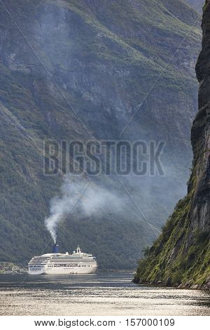 Norwegian fjord landscape. Hellesylt Geiranger cruise travel. Tourism