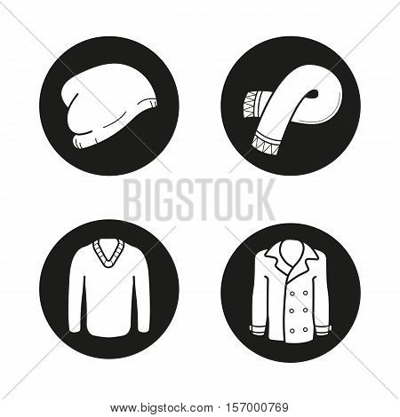 Autumn warm clothes icons set. Hat, scarf, pullover, coat. Sweater and jacket. Vector white illustrations in black circles